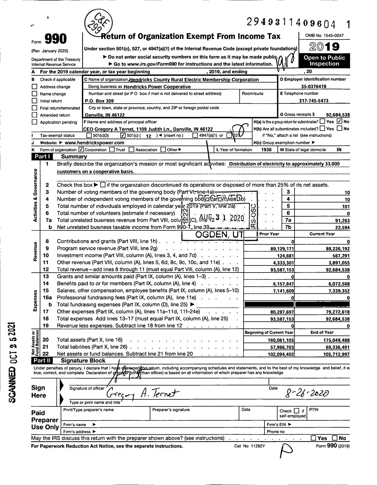 Image of first page of 2019 Form 990O for Hendricks Power Cooperative