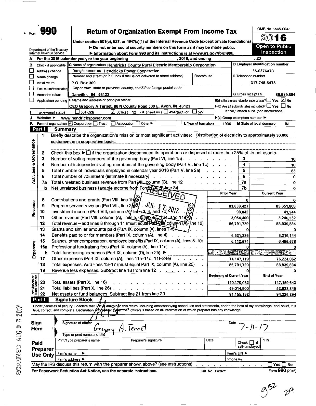 Image of first page of 2016 Form 990O for Hendricks Power Cooperative