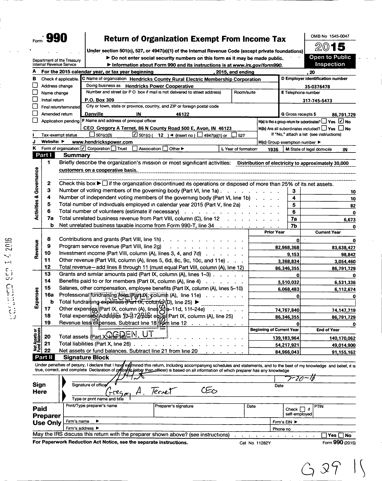 Image of first page of 2015 Form 990O for Hendricks Power Cooperative