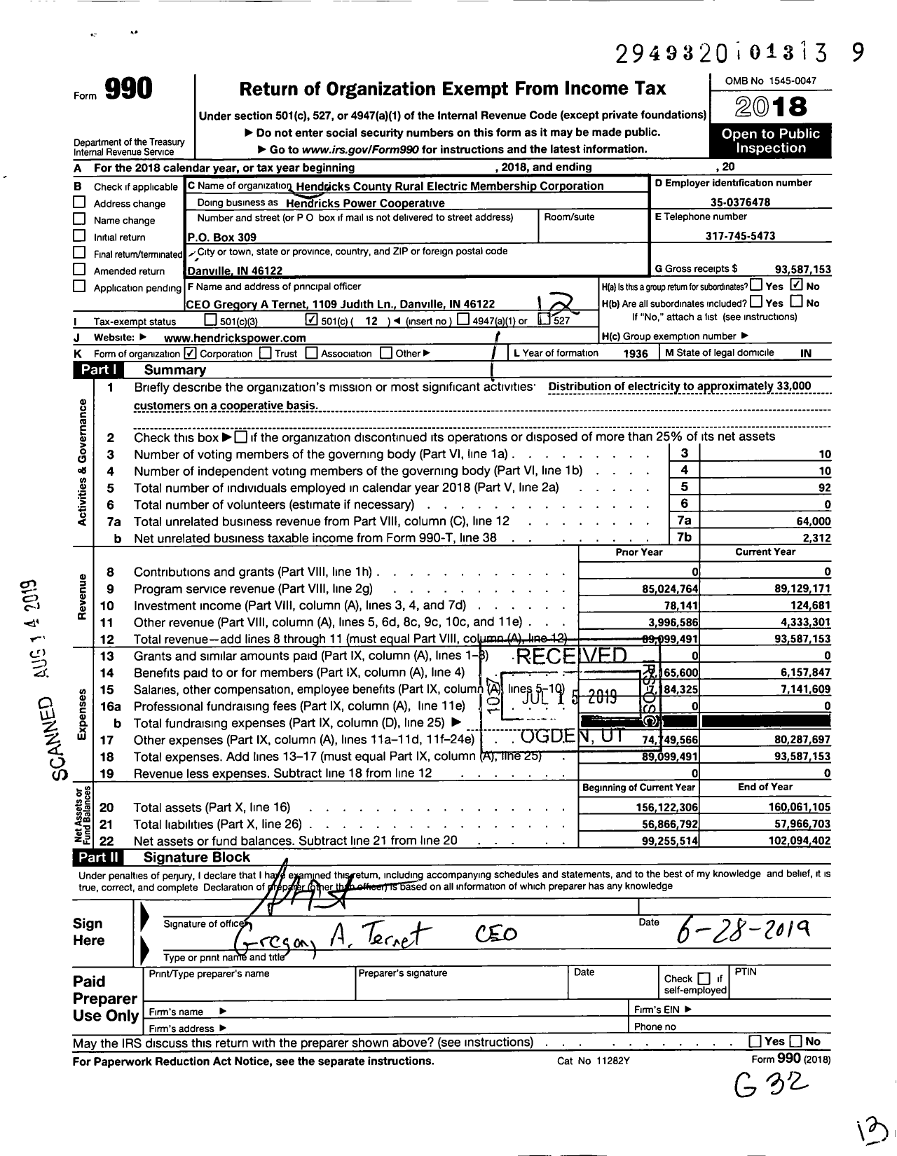 Image of first page of 2018 Form 990O for Hendricks Power Cooperative