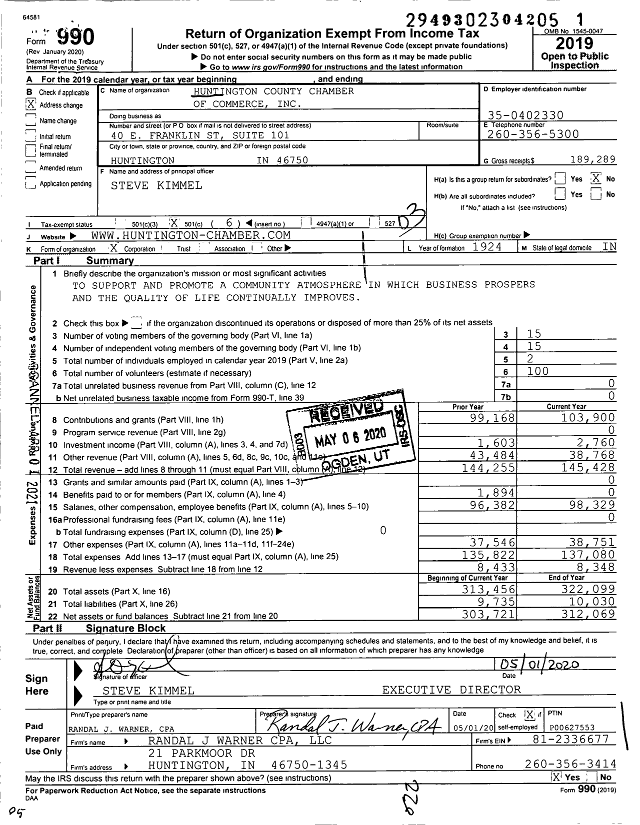 Image of first page of 2019 Form 990 for Huntington County Chamber of Commerce