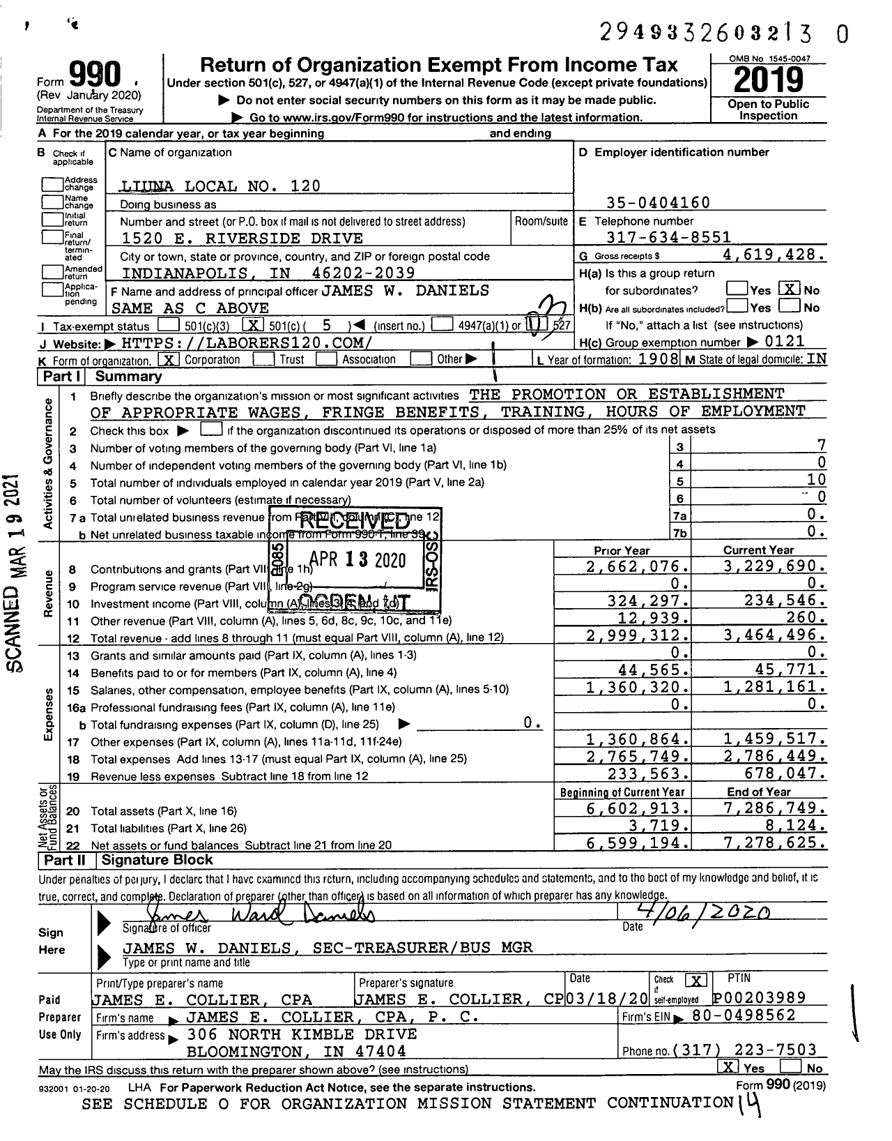 Image of first page of 2019 Form 990 for Laborers' International Union of North America - 120 Local Union