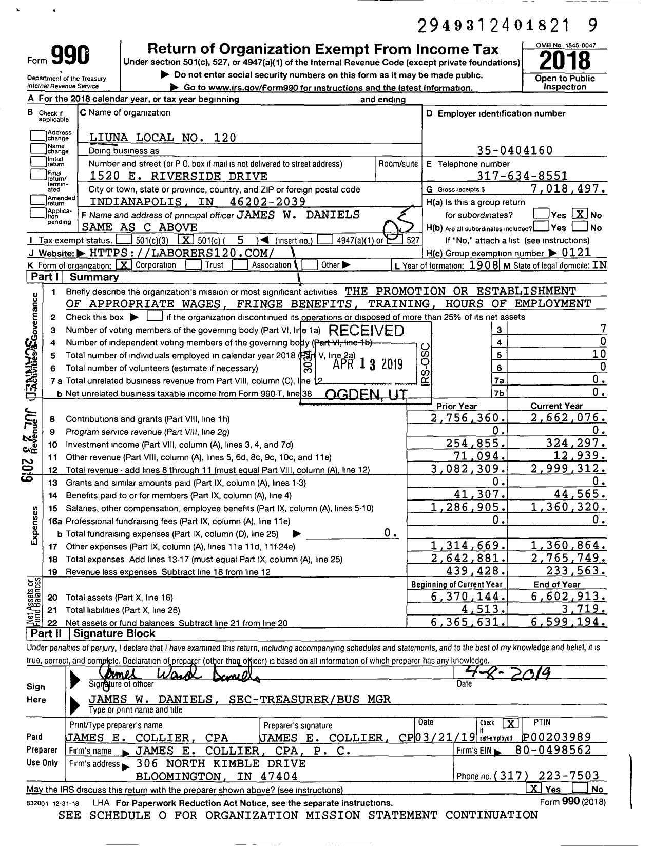 Image of first page of 2018 Form 990O for Laborers' International Union of North America - 120 Local Union