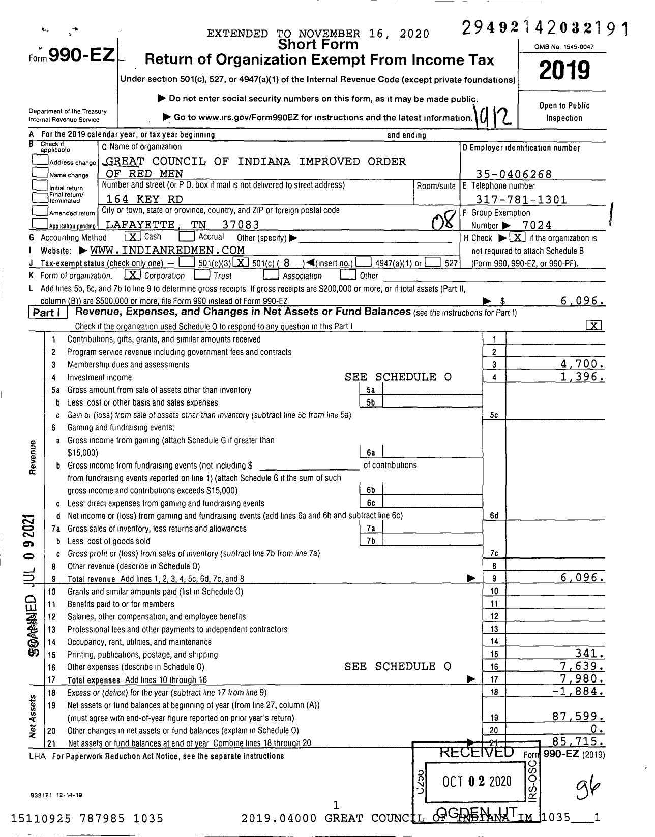 Image of first page of 2019 Form 990EO for Great Council of Indiana Improved Order of Red Men