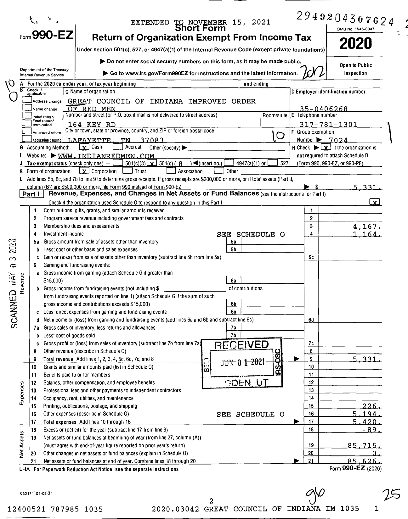 Image of first page of 2020 Form 990EO for Great Council of Indiana Improved Order of Red Men