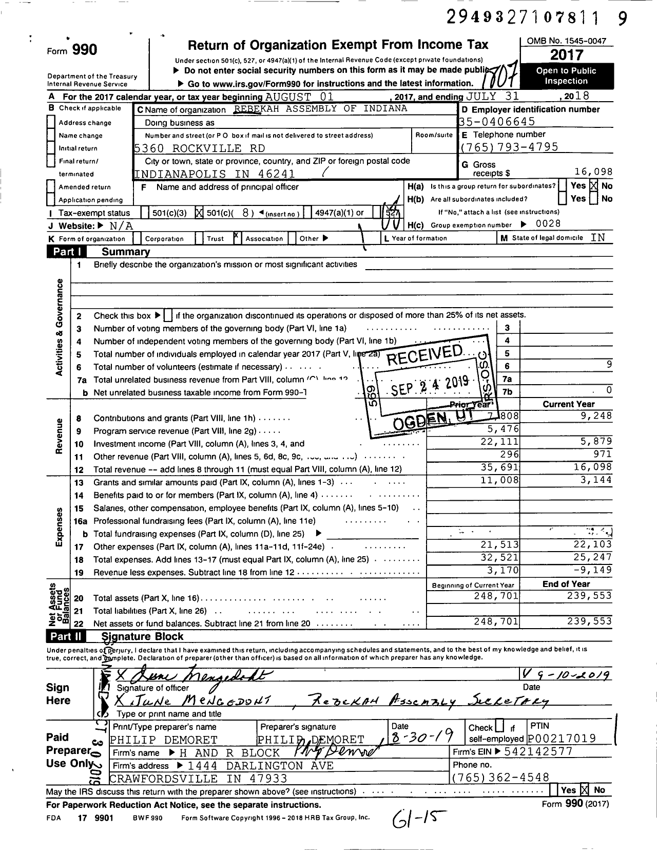 Image of first page of 2017 Form 990O for Independent Order of Odd Fellows - Indiana Rebekah Assembly Ra Indiana