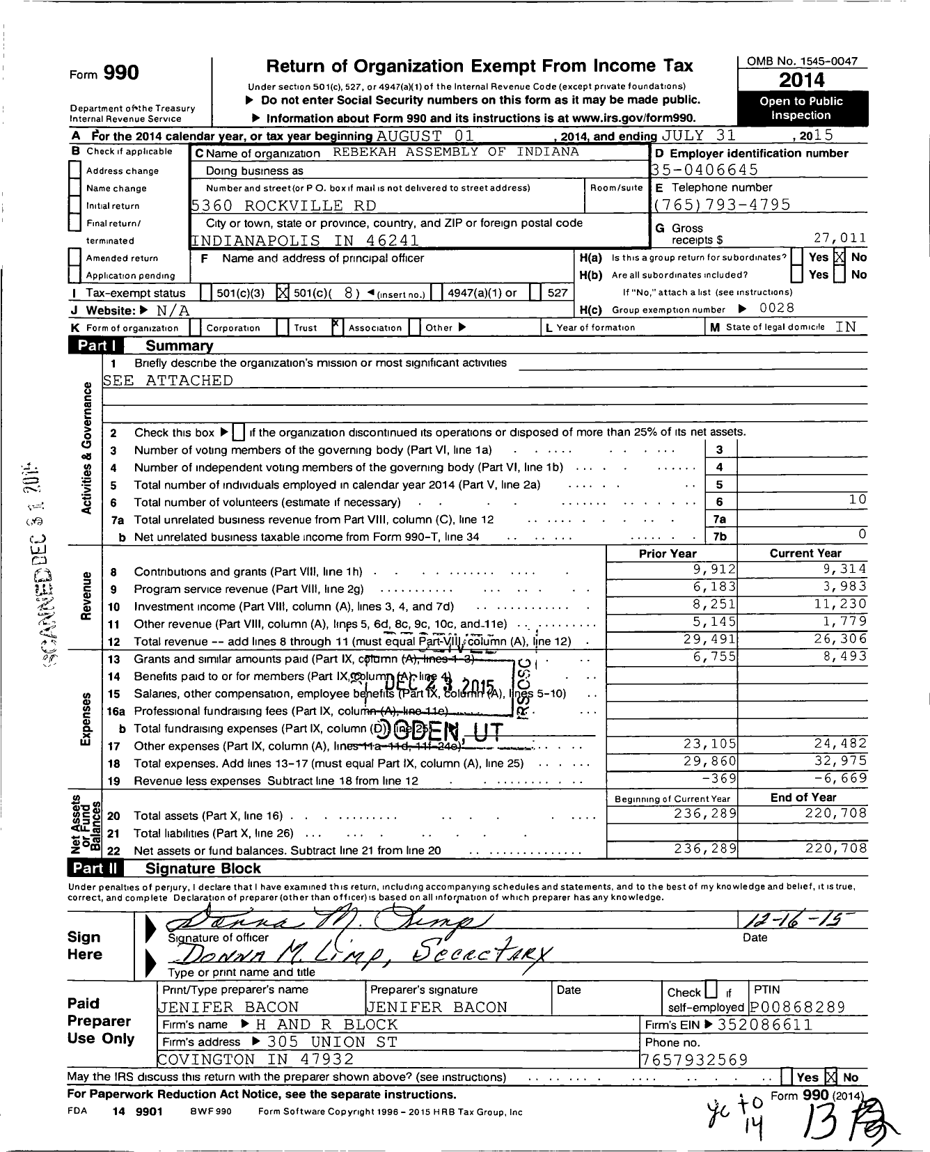 Image of first page of 2014 Form 990O for Independent Order of Odd Fellows - Indiana Rebekah Assembly Ra Indiana