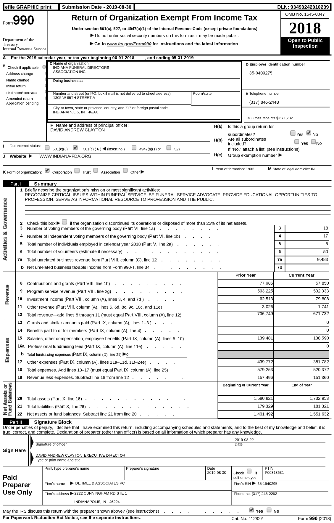 Image of first page of 2018 Form 990 for Indiana Funeral Directors Association