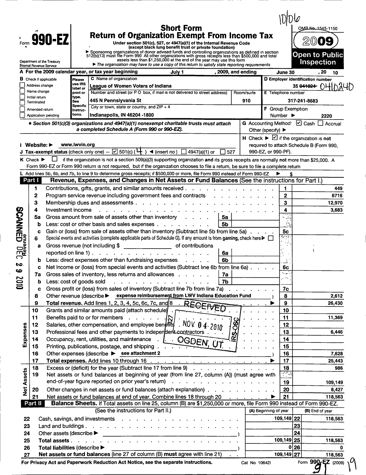 Image of first page of 2009 Form 990EO for League of Women Voters of Indiana