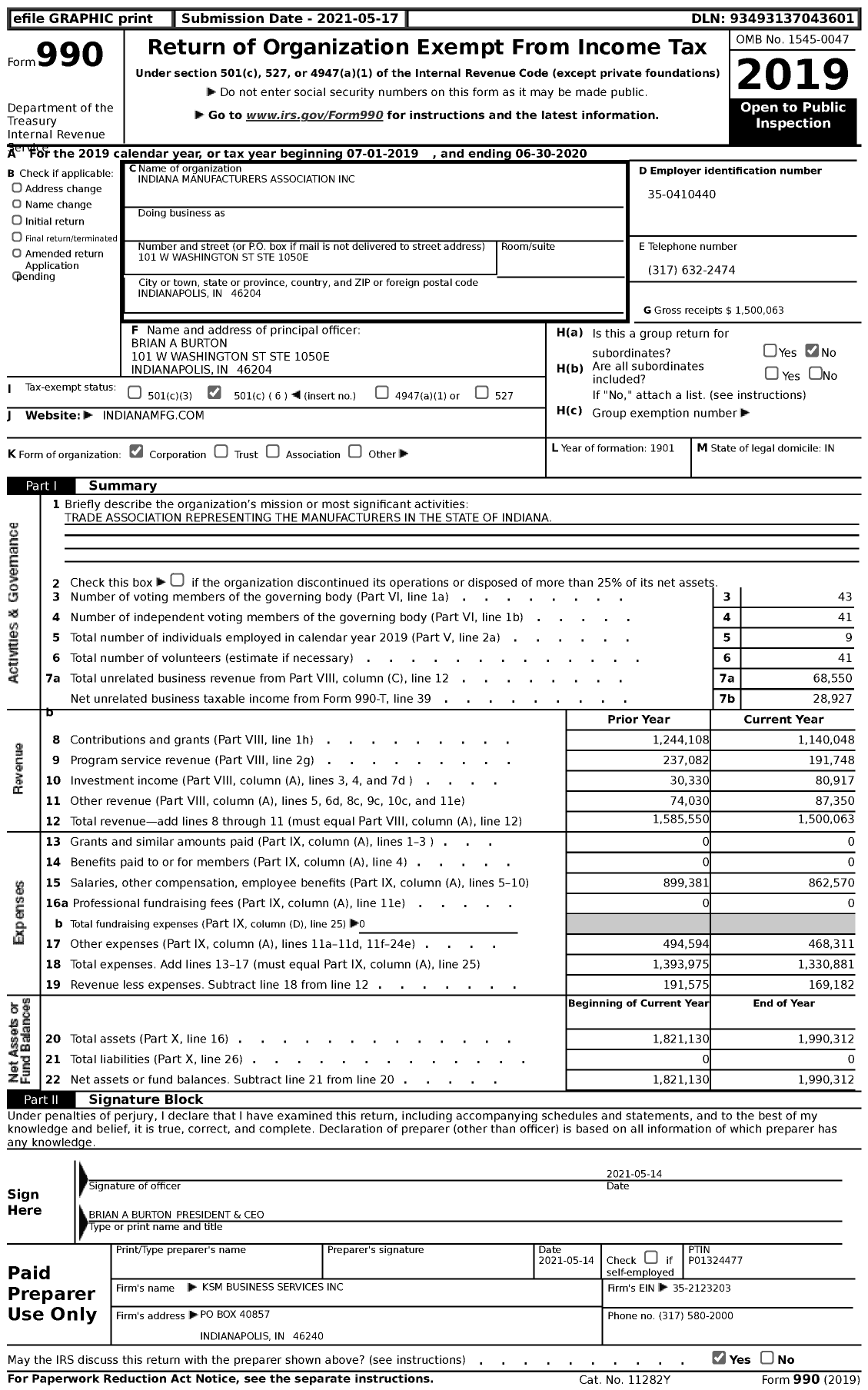 Image of first page of 2019 Form 990 for Indiana Manufacturers Association (IMA)