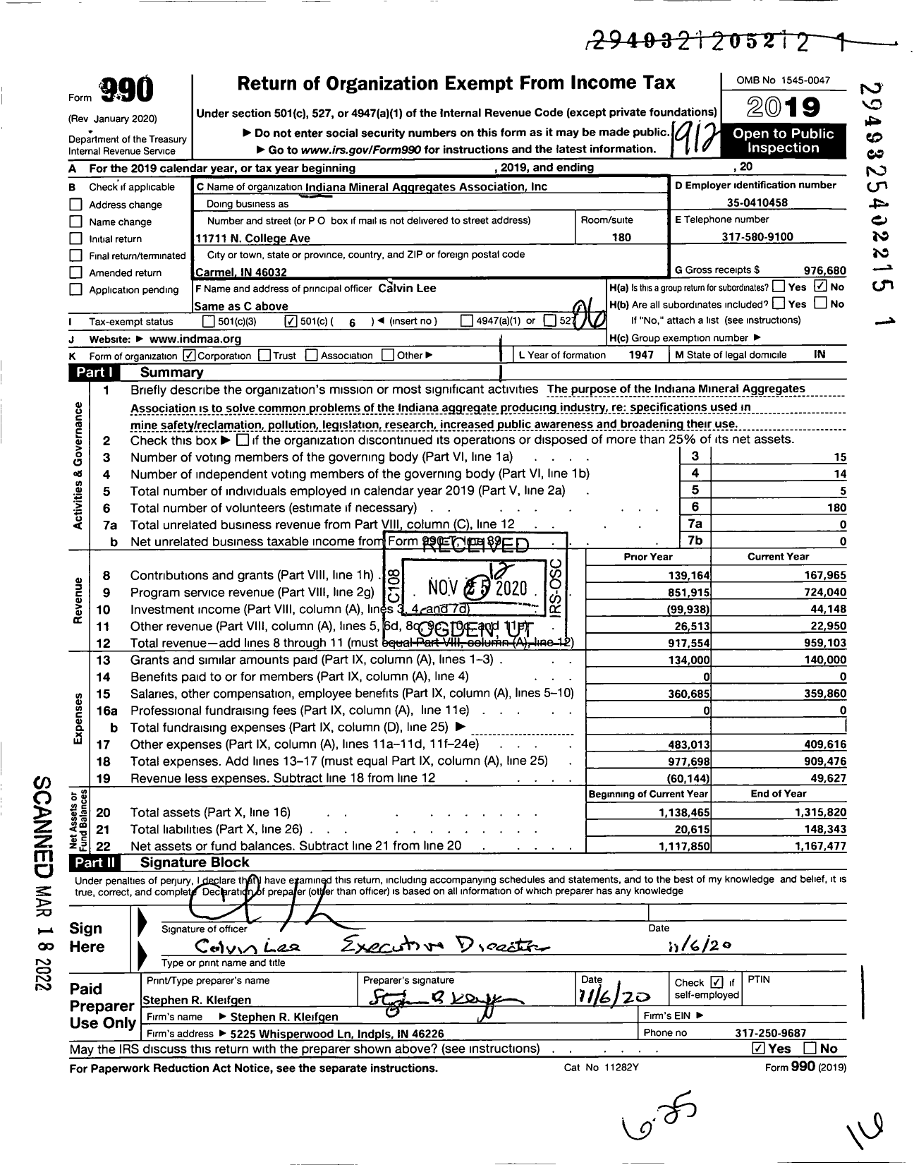 Image of first page of 2019 Form 990O for Indiana Mineral Aggregates Association (IMAA)