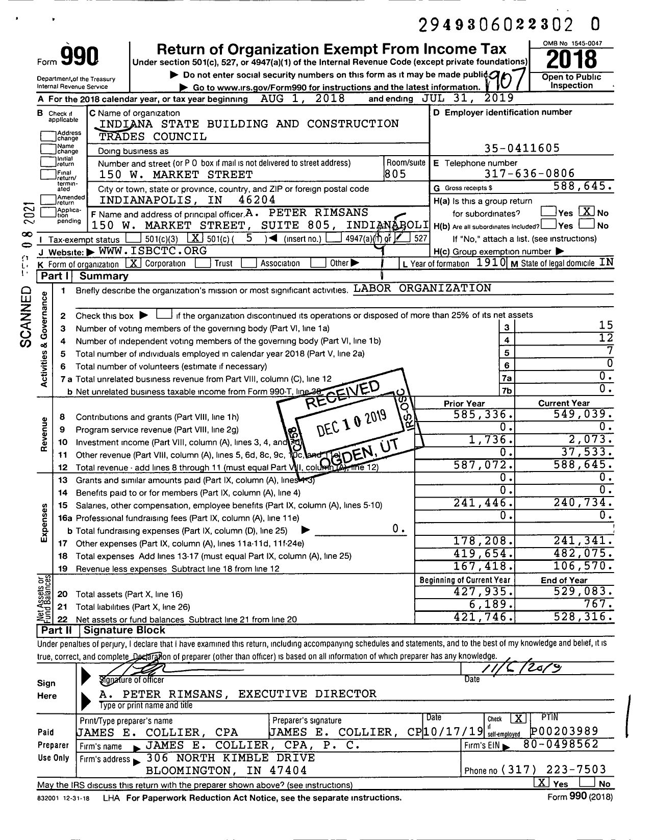 Image of first page of 2018 Form 990O for AFL-CIO - Indiana State Bldg Constr Trades