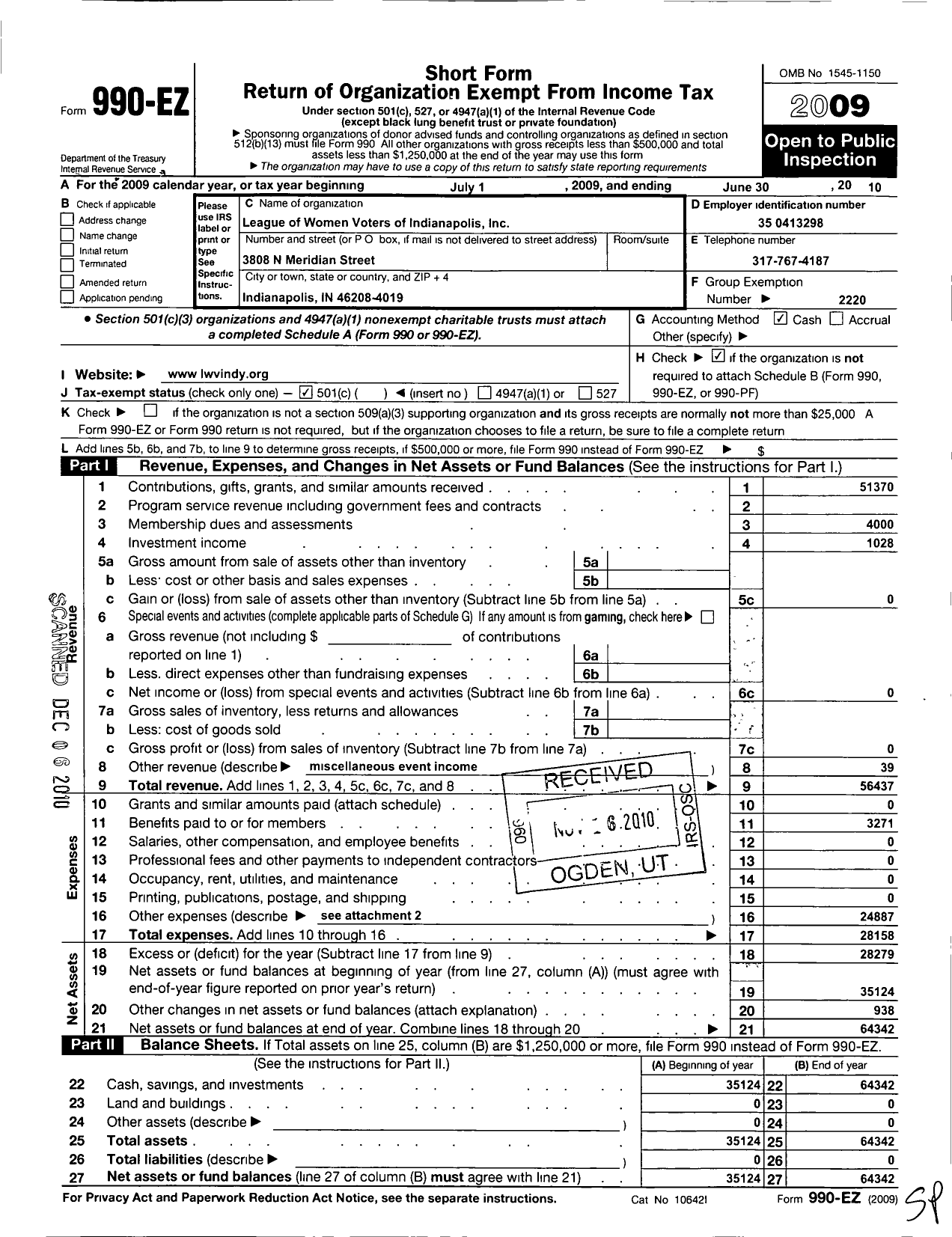 Image of first page of 2009 Form 990EO for League of Women Voters of Indiana / Indianapolis