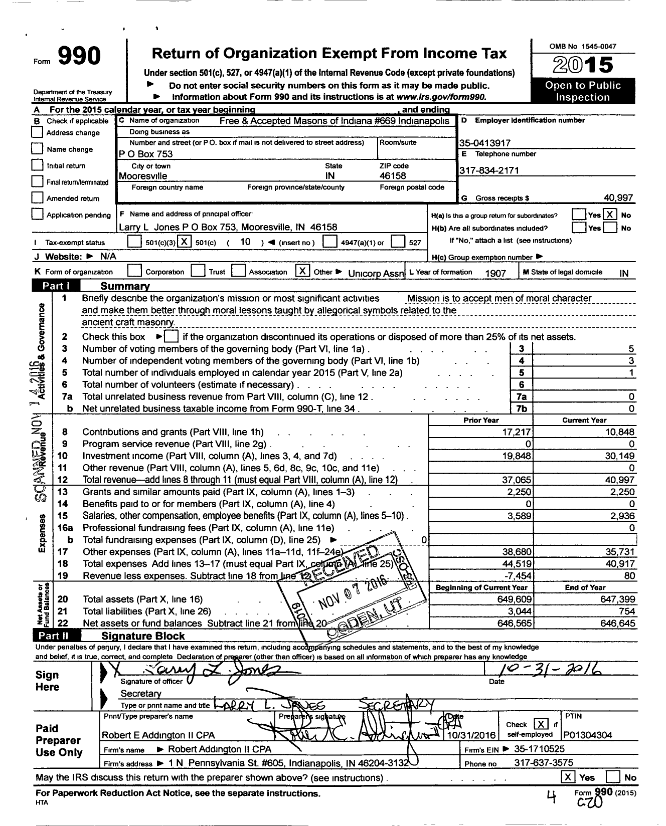 Image of first page of 2015 Form 990O for Free & Accepted Masons of Indiana - 669 Indianapolis