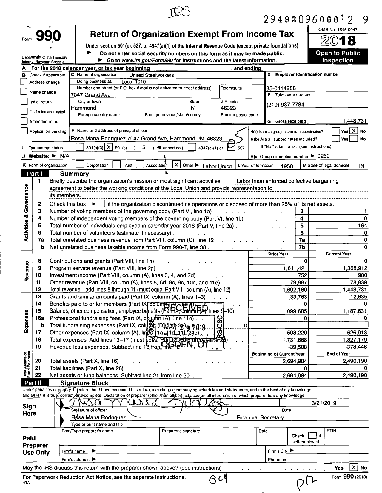 Image of first page of 2018 Form 990O for United Steelworkers - Local 01010