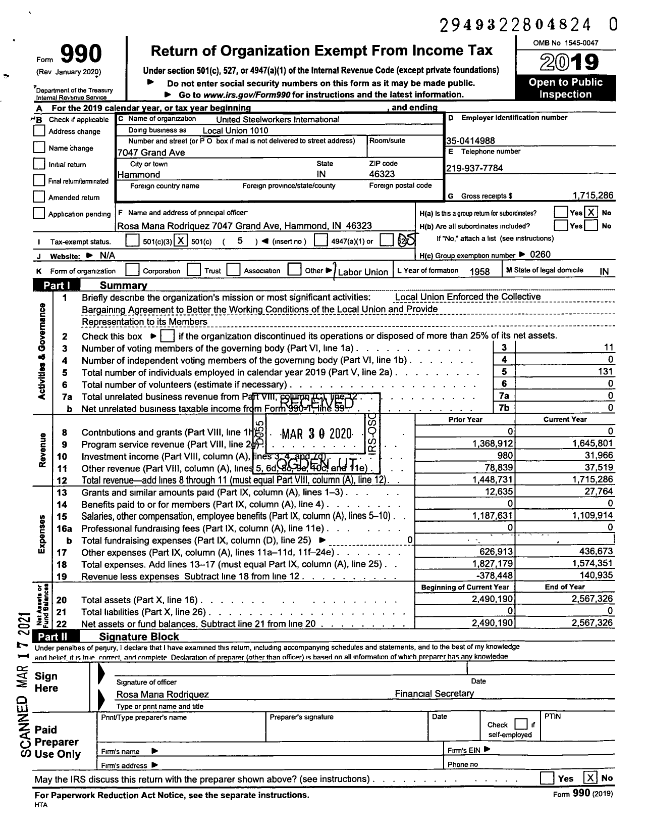 Image of first page of 2019 Form 990O for United Steelworkers - Local 01010