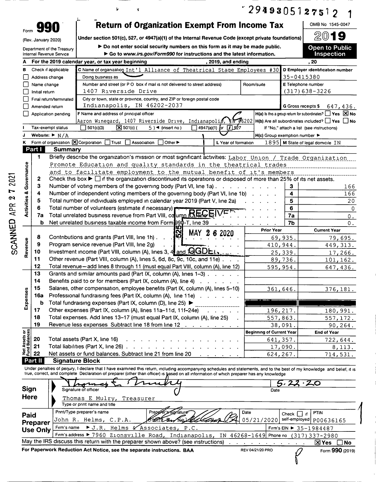 Image of first page of 2019 Form 990O for International Alliance of Theatrical Stage Employees - 30 Iatse Local