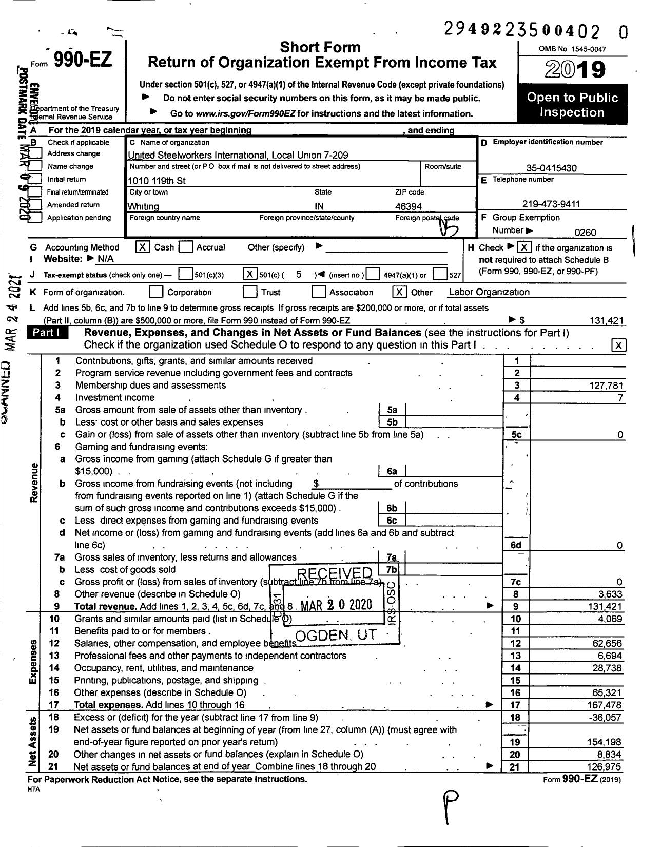 Image of first page of 2019 Form 990EO for United Steelworkers - 7-00209 Local