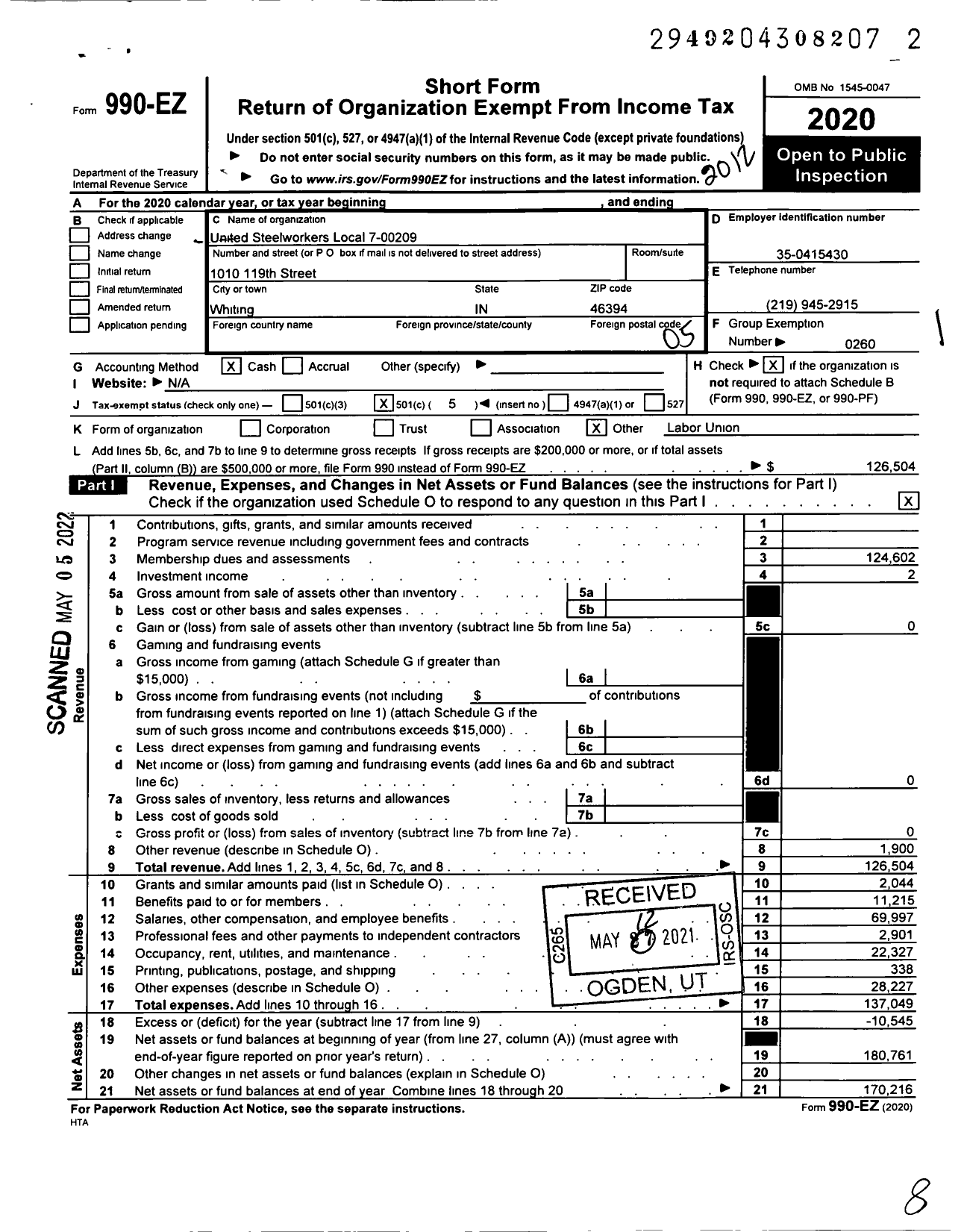 Image of first page of 2020 Form 990EO for United Steelworkers - 7-00209 Local