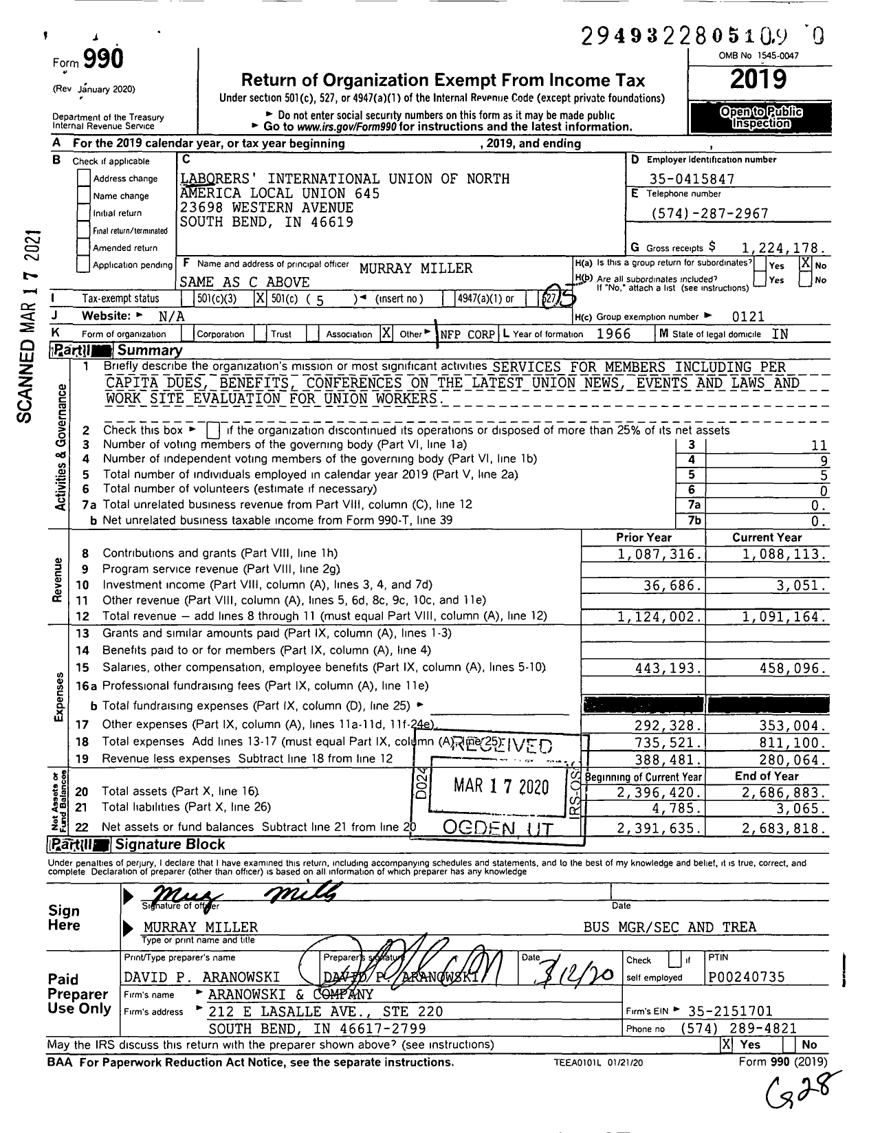 Image of first page of 2019 Form 990O for Laborers' International Union of North America - 0645 Local Union