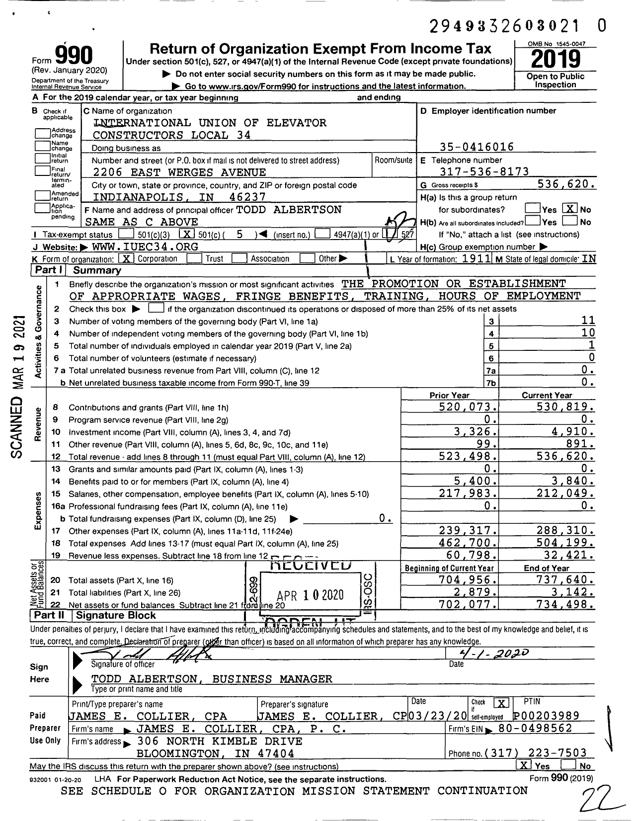 Image of first page of 2019 Form 990 for International Union of Elevator Constructors - 34 Eci