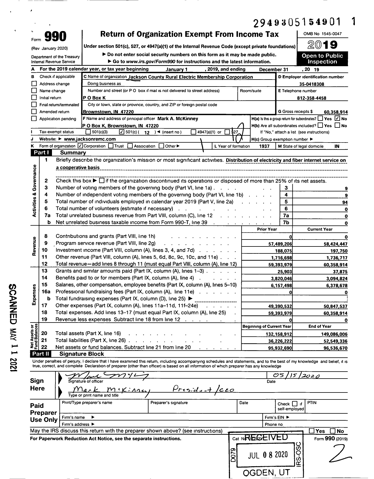 Image of first page of 2019 Form 990O for Jackson County Rural Electric Membership Corporation