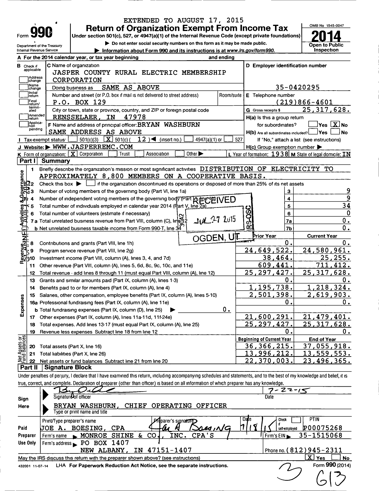 Image of first page of 2014 Form 990O for Jasper County REMC