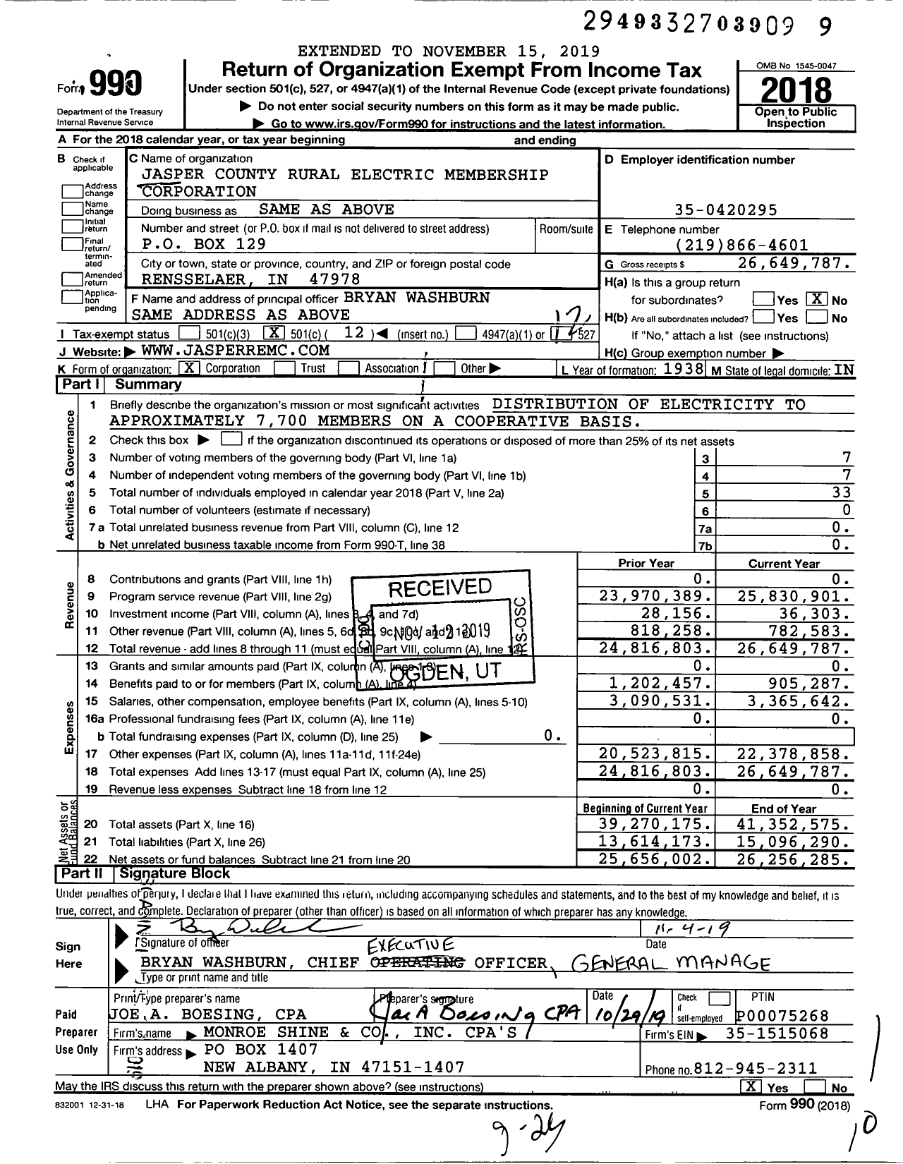 Image of first page of 2018 Form 990O for Jasper County REMC