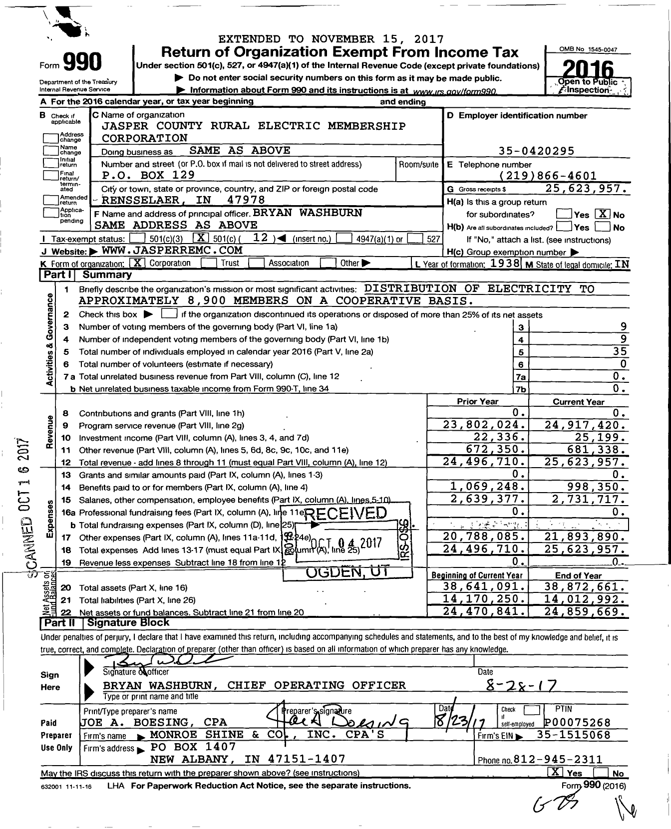 Image of first page of 2016 Form 990O for Jasper County REMC