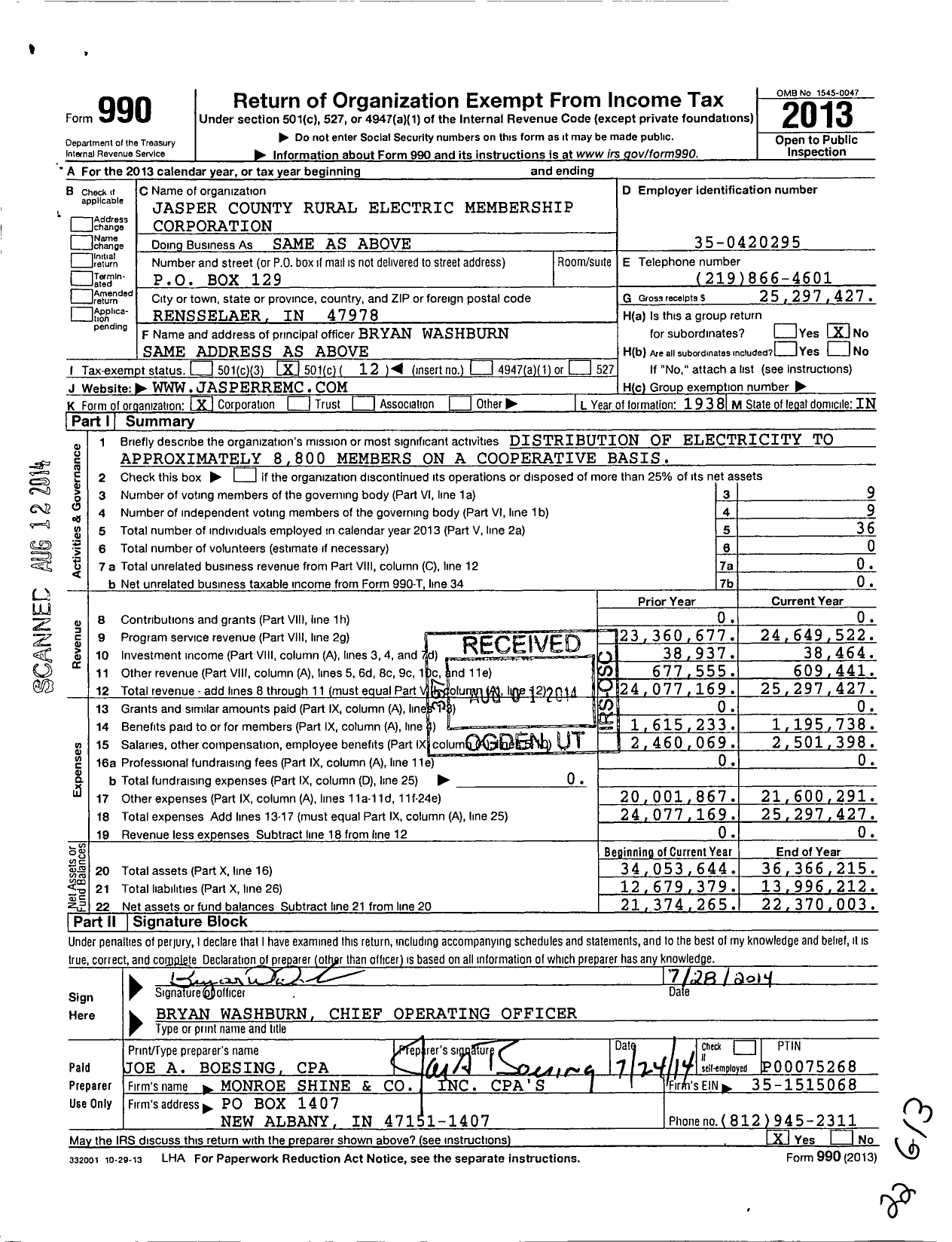 Image of first page of 2013 Form 990O for Jasper County REMC