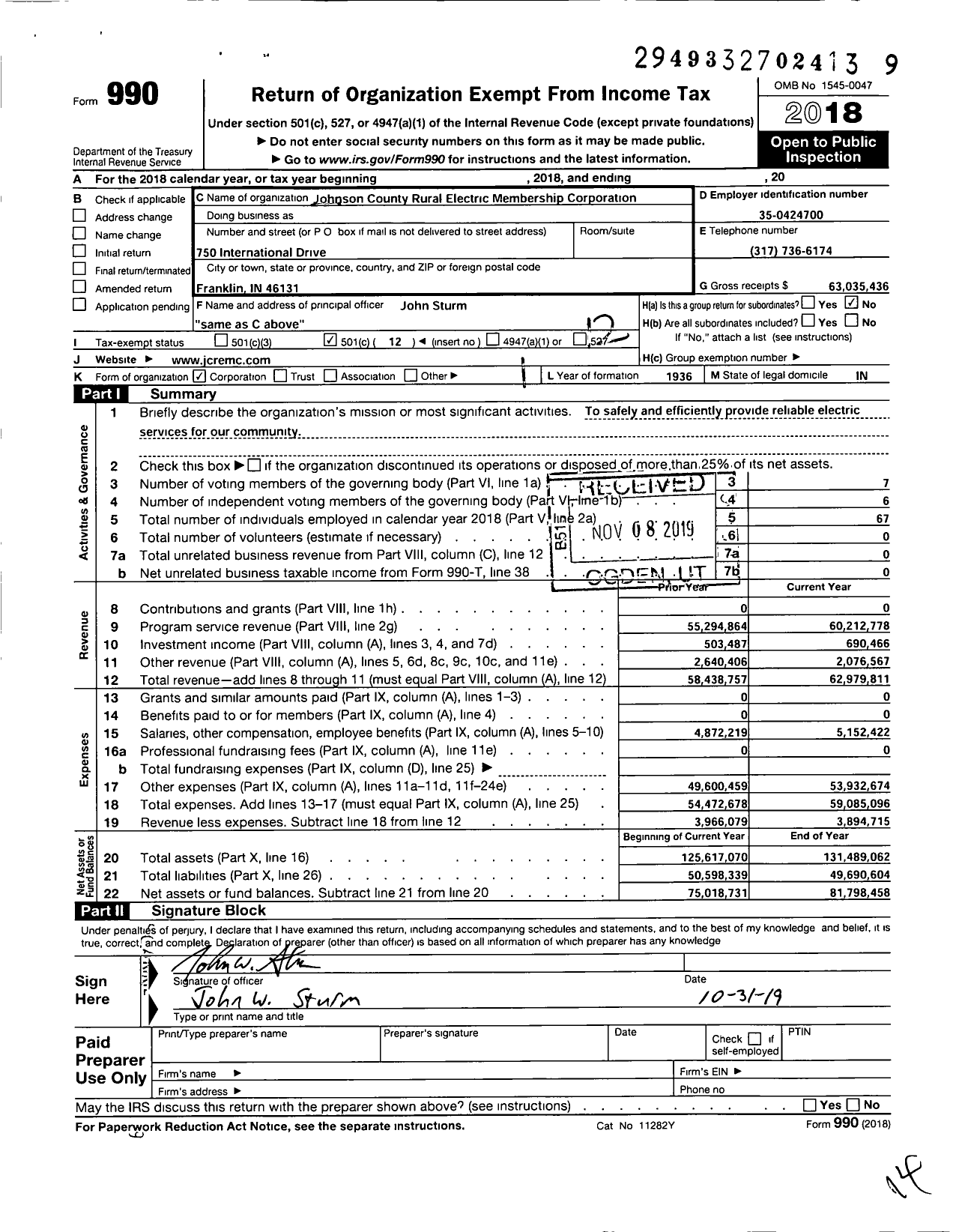 Image of first page of 2018 Form 990O for Johnson County Rural Electric Membership Corporation (JCREMC)