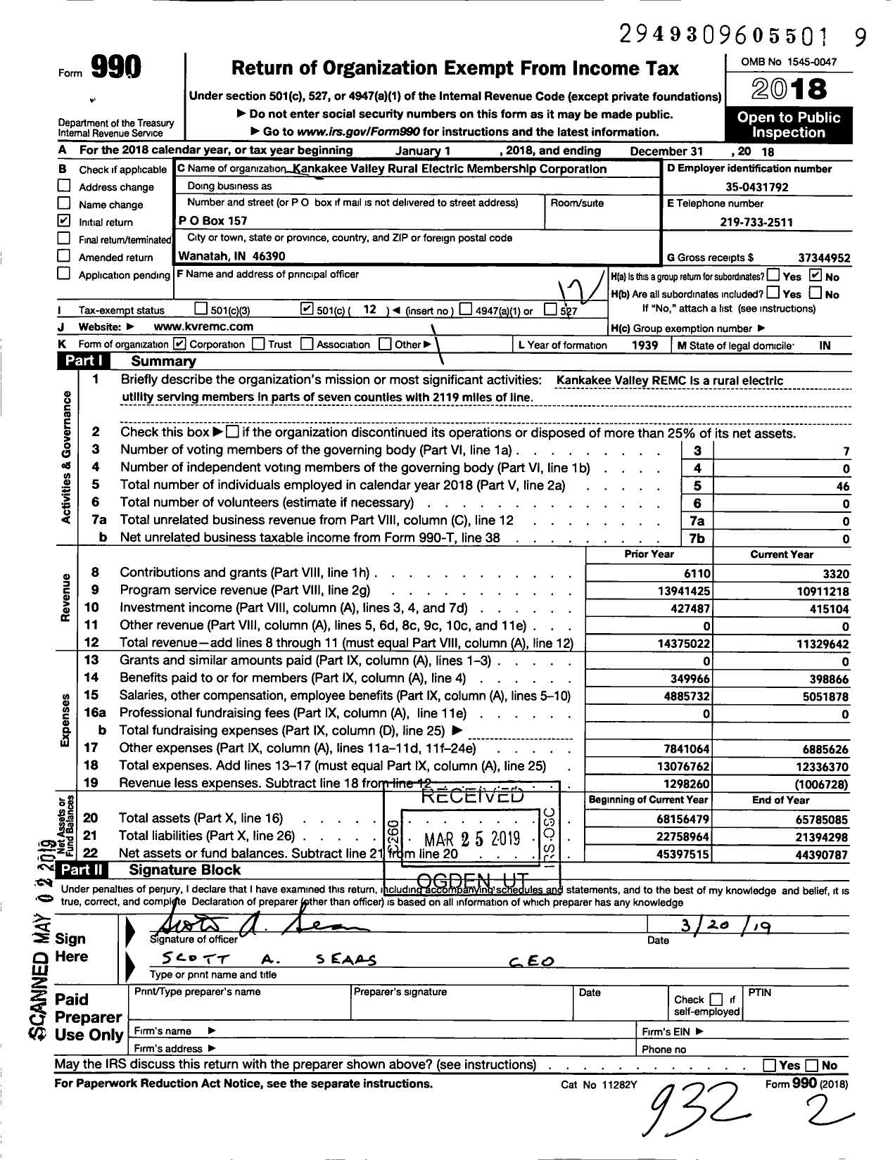 Image of first page of 2018 Form 990O for Kankakee Valley Rural Electric Membership Corporation