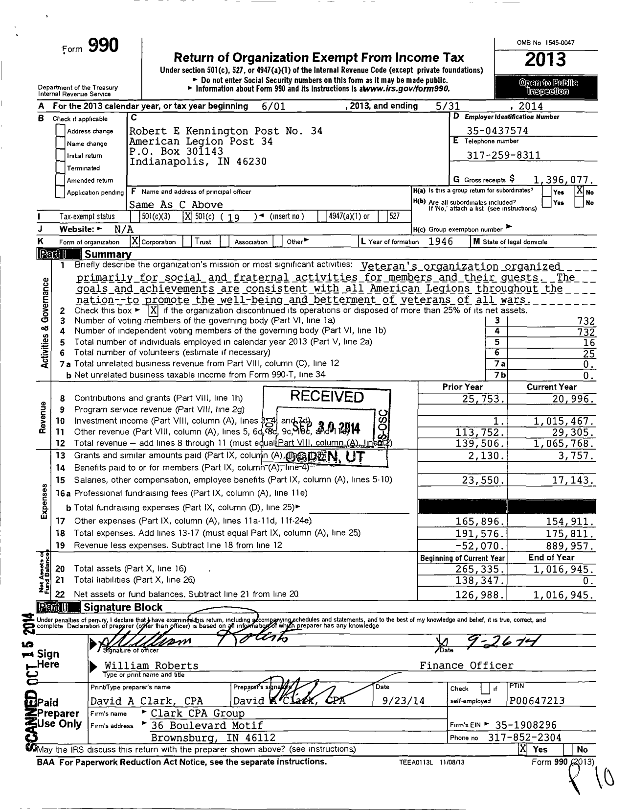 Image of first page of 2013 Form 990O for Robert E Kennington Post No 34 American Legion Post 34