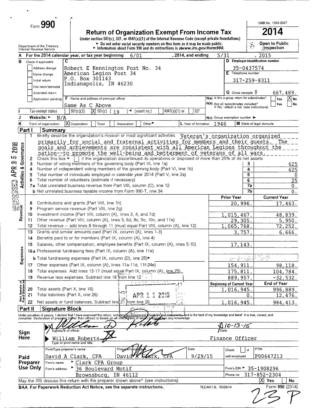 Image of first page of 2014 Form 990O for Robert E Kennington Post No 34 American Legion Post 34