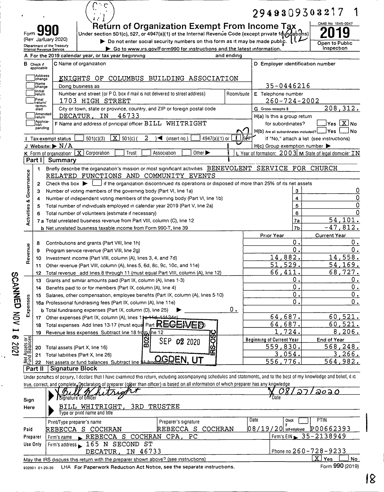 Image of first page of 2019 Form 990O for Knights of Columbus Building Association