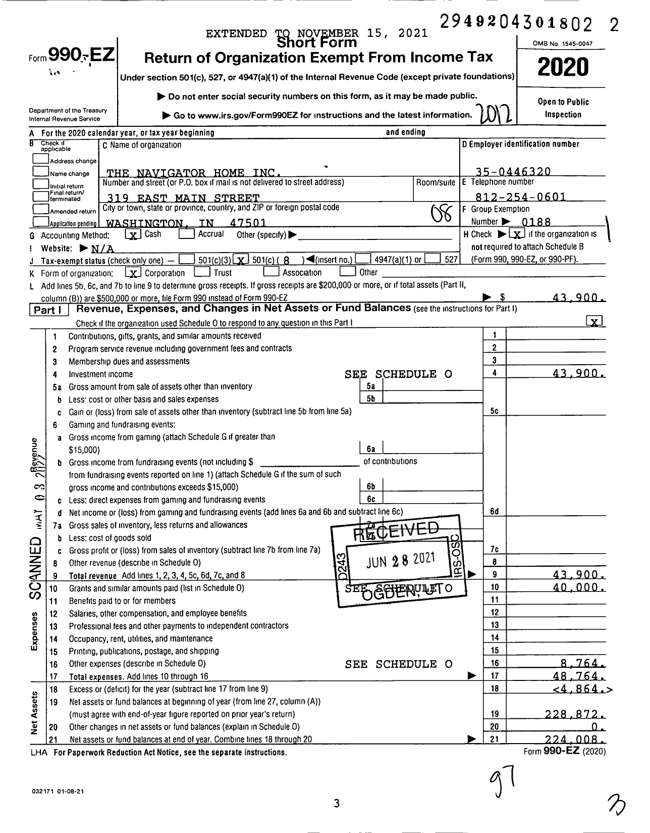 Image of first page of 2020 Form 990EO for The Navigator Home