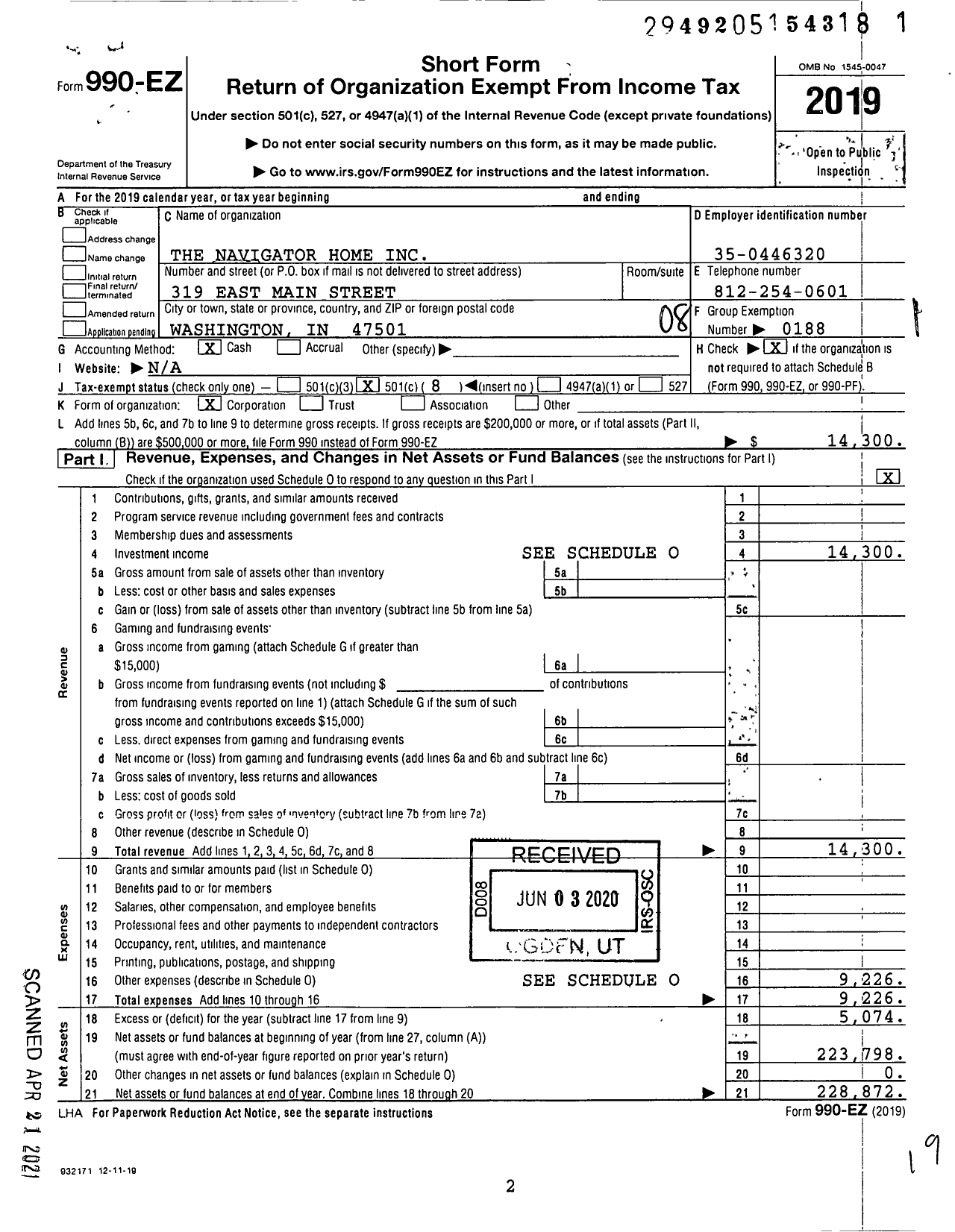 Image of first page of 2019 Form 990EO for The Navigator Home