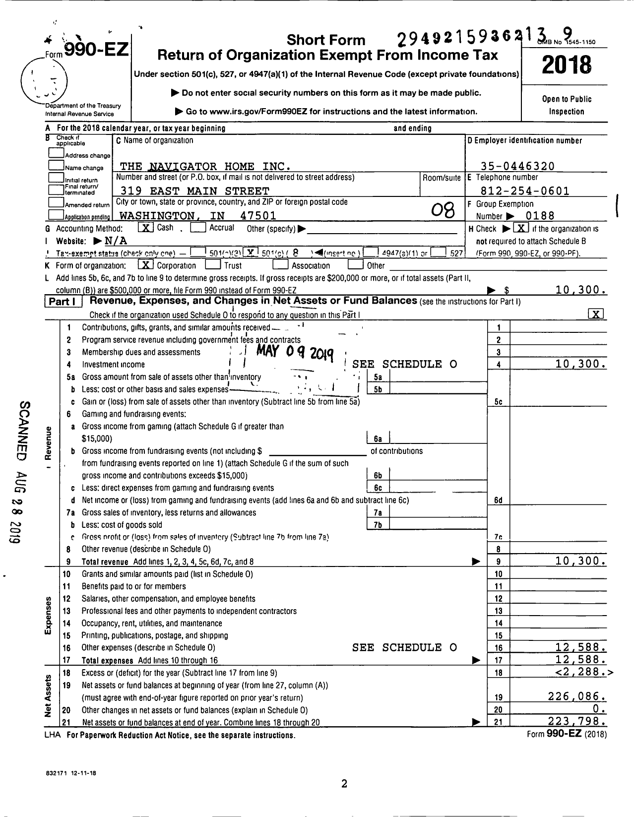 Image of first page of 2018 Form 990EO for The Navigator Home