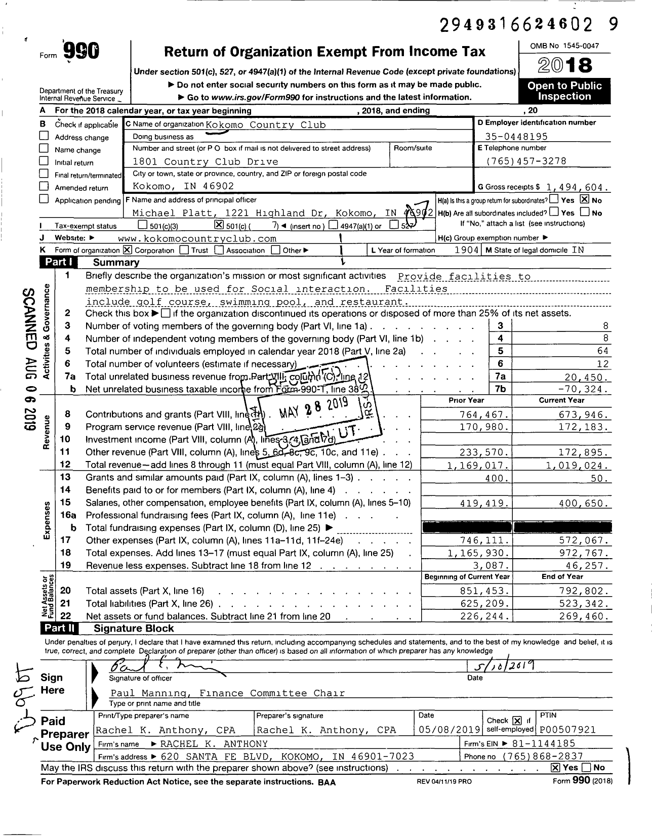 Image of first page of 2018 Form 990O for Kokomo Country Club