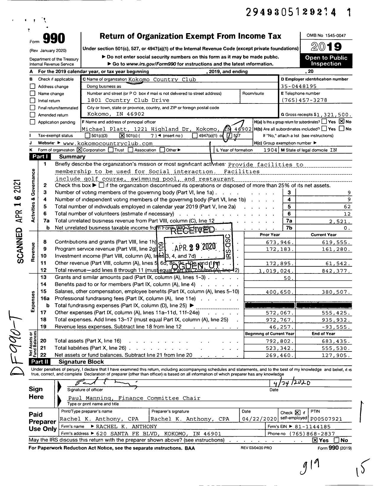 Image of first page of 2019 Form 990O for Kokomo Country Club