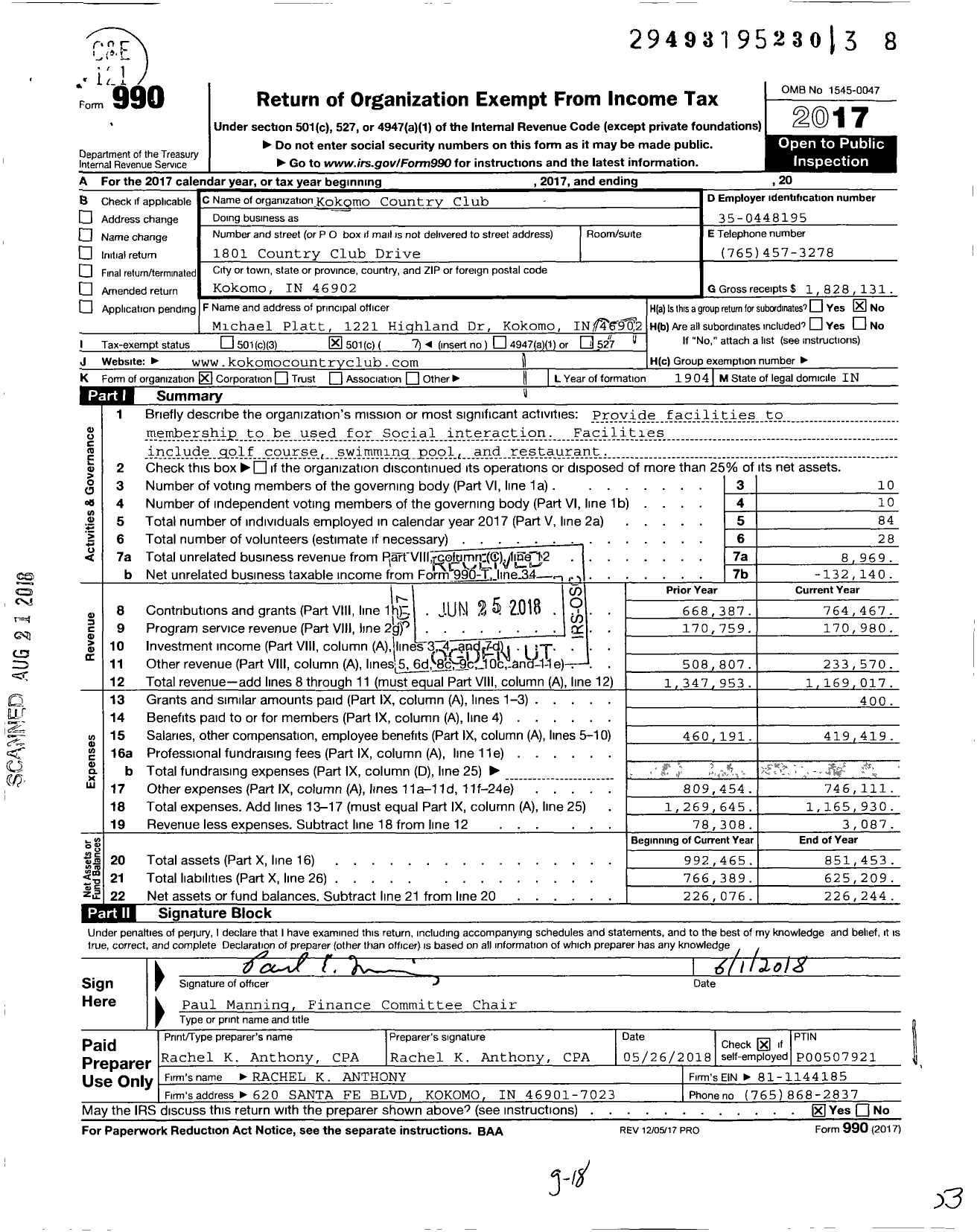 Image of first page of 2017 Form 990O for Kokomo Country Club