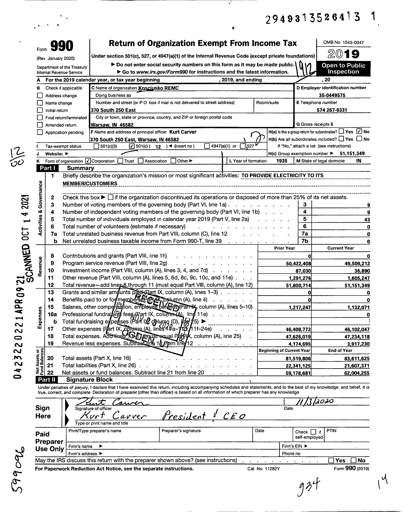 Image of first page of 2019 Form 990O for Kosciusko Remc