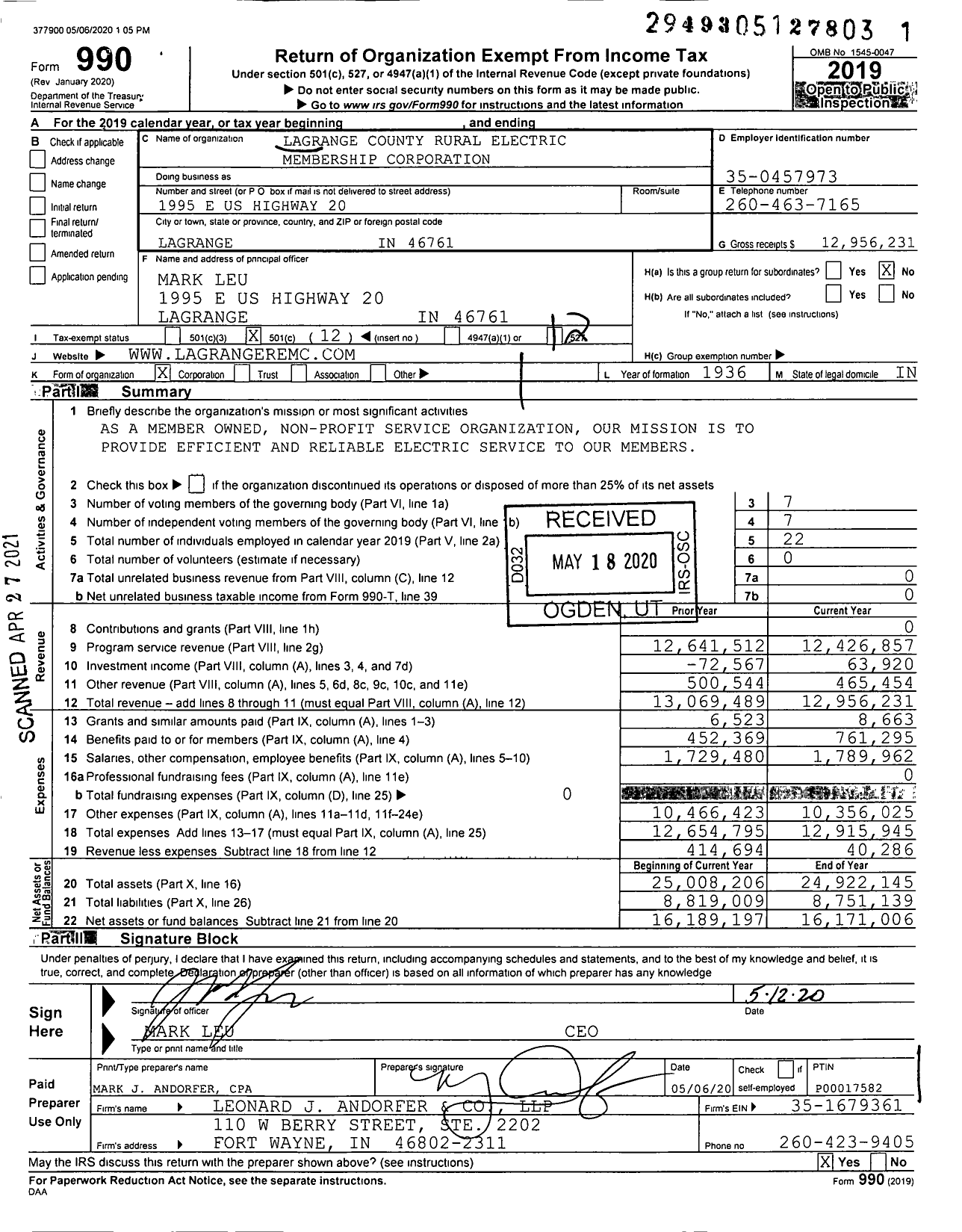 Image of first page of 2019 Form 990O for Lagrange County Rural Electric Membership Corporation