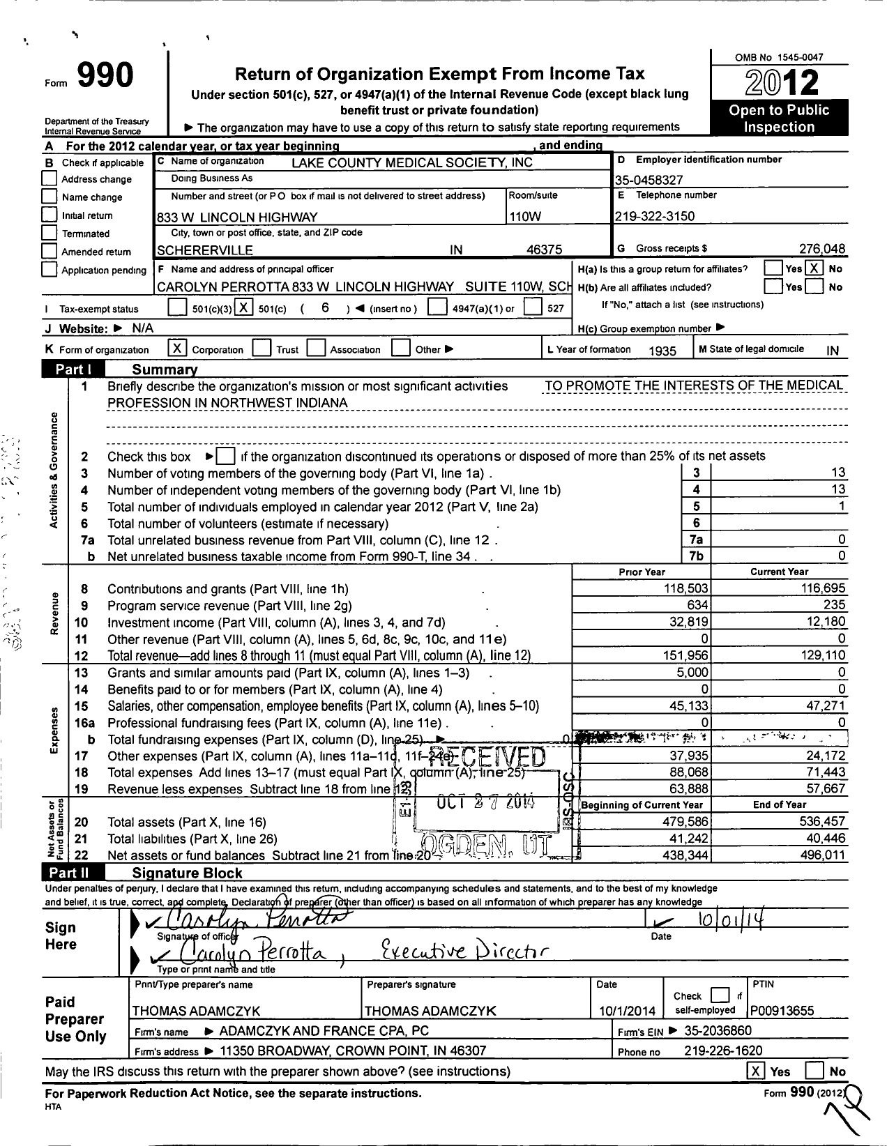 Image of first page of 2012 Form 990O for Lake County Medical Society