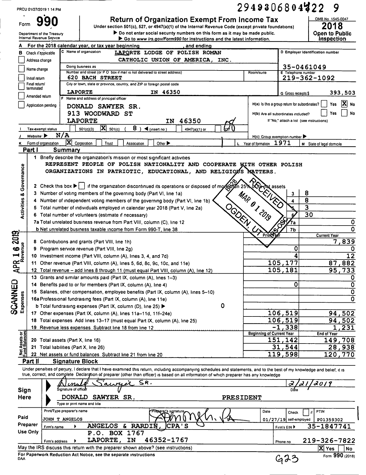 Image of first page of 2018 Form 990O for Polish Roman Catholic Union of America La Porte Lodge