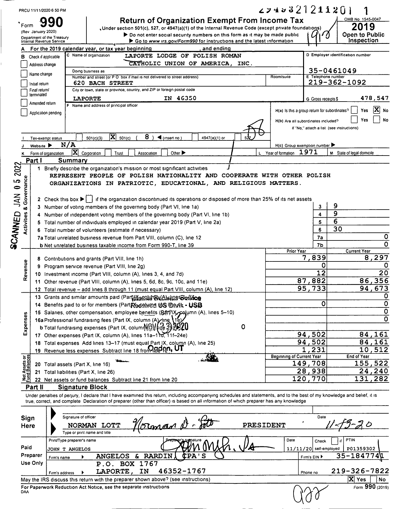 Image of first page of 2019 Form 990O for Polish Roman Catholic Union of America La Porte Lodge