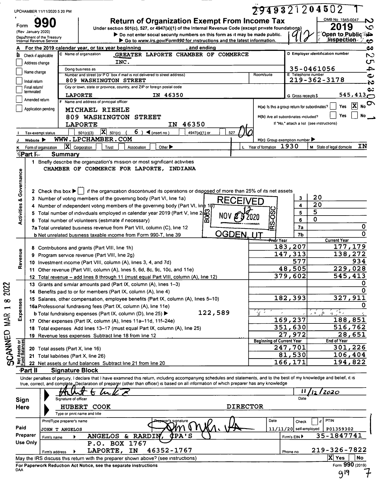 Image of first page of 2019 Form 990O for Greater Laporte Chamber of Commerce