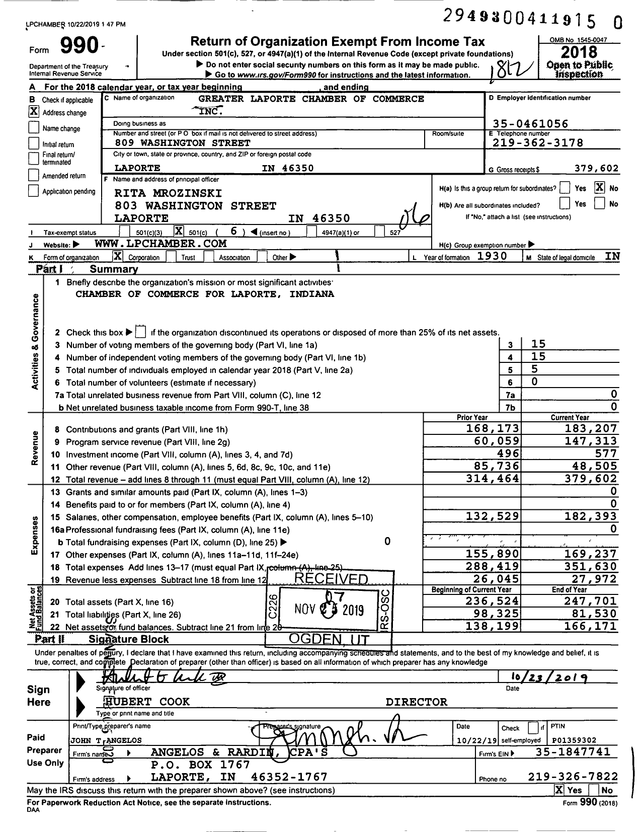 Image of first page of 2018 Form 990O for Greater Laporte Chamber of Commerce