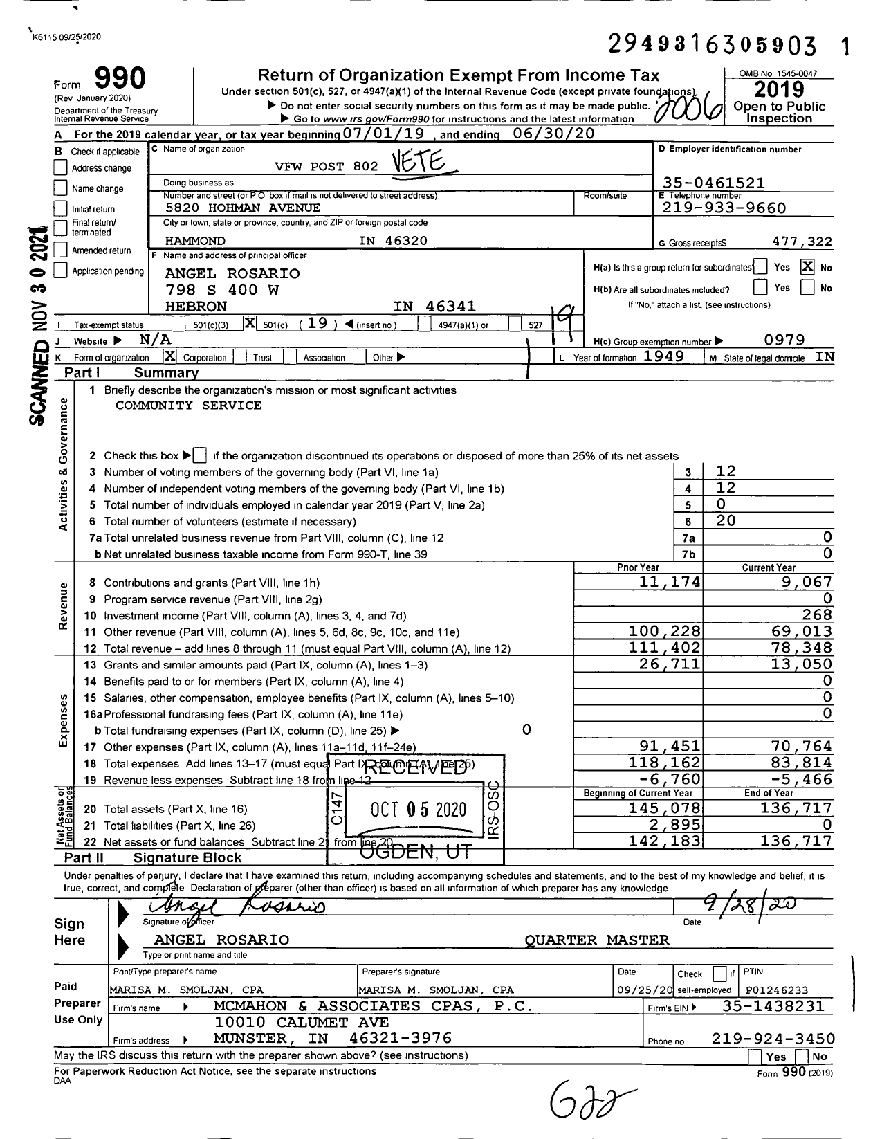 Image of first page of 2019 Form 990O for VFW Department of Indiana - 802 Vfw-Ind Edward H Larsen