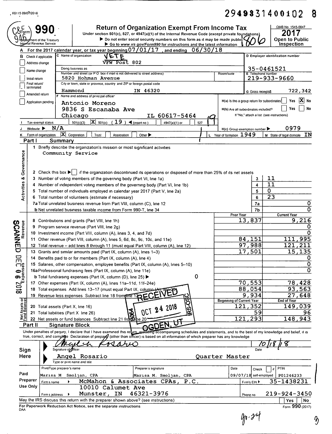 Image of first page of 2017 Form 990O for VFW Department of Indiana - 802 Vfw-Ind Edward H Larsen